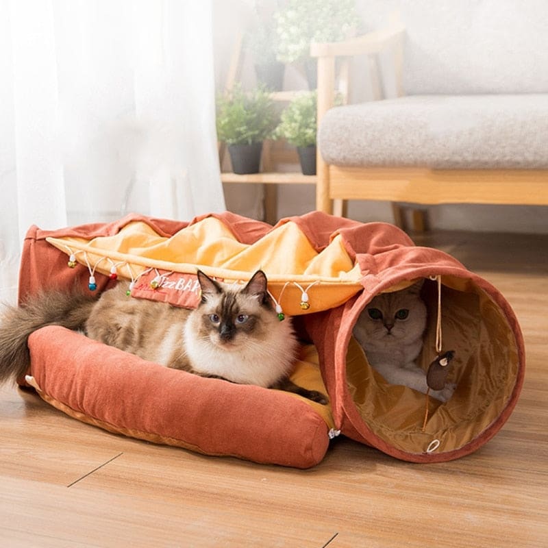 Plush Cat Tunnel with Cushioned Rest for Playful Feline Fun-Cat Play Tunnel with Cushion-2-Colydia