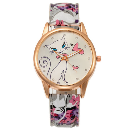 Elegant Women's Quartz Watch with White Cat Design-Women's Quartz Watch-Gray-9-Colydia