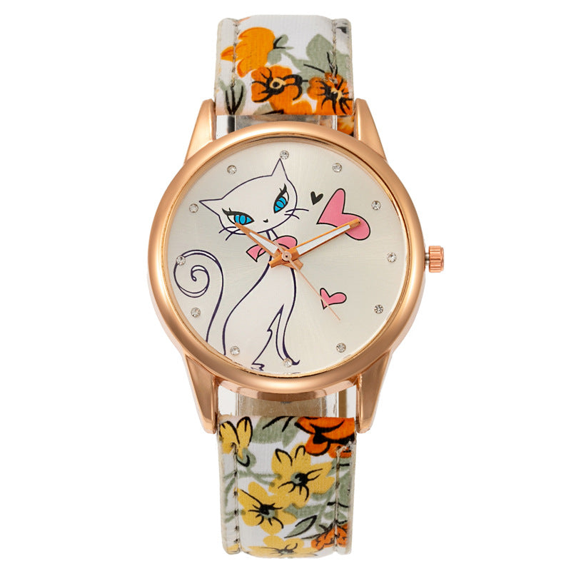 Elegant Women's Quartz Watch with White Cat Design-Women's Quartz Watch-Orange-8-Colydia