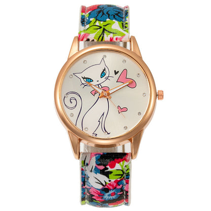 Elegant Women's Quartz Watch with White Cat Design-Women's Quartz Watch-Blue-6-Colydia