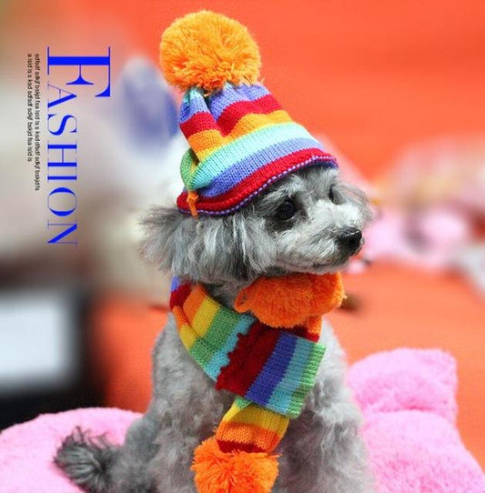 Cozy Winter Woolen Accessory Set: Hat, Scarf & Leg Warmers Bundle-Pet Winter Accessory Set-Rainbow-XXS-1-Colydia